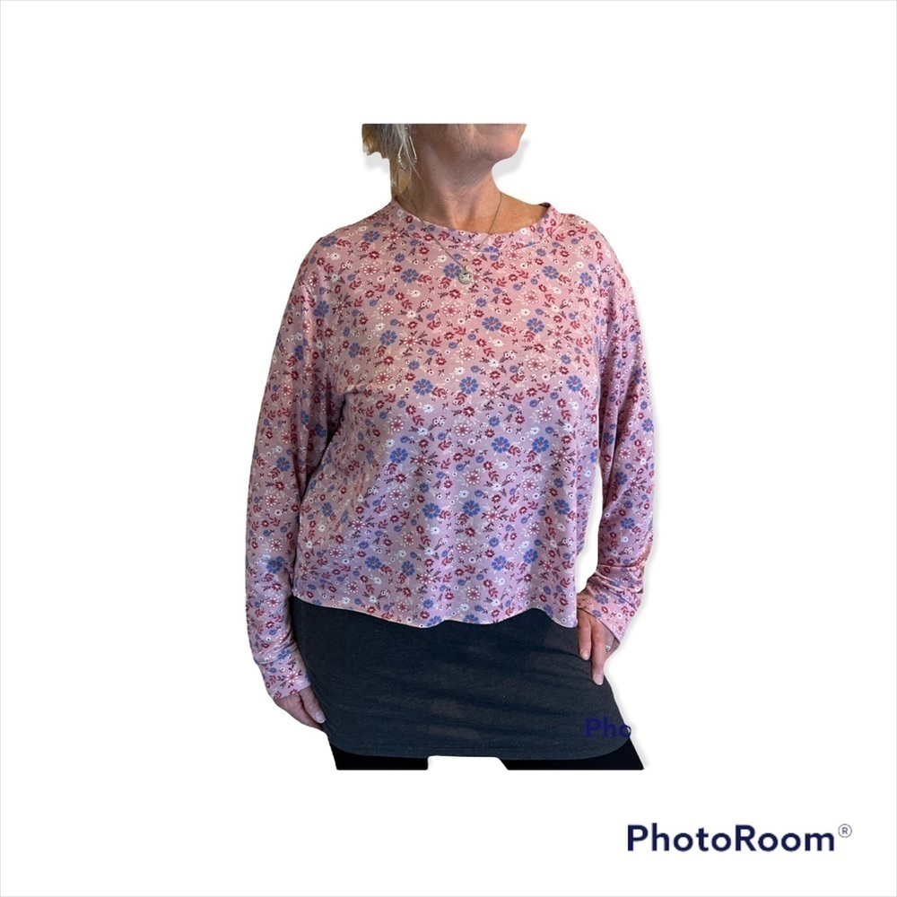Agnes and Dora Blue Floral Boxy Soft Cropped Raw Hem Long Sleeve Top Size XL